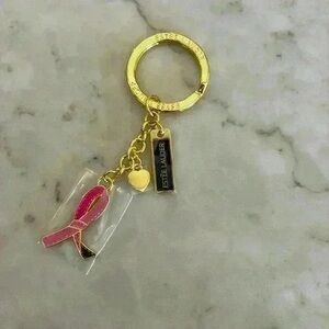 Estee Lauder Gold Keychain with Pink Ribbon Charm